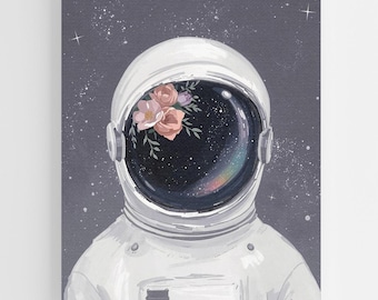 Galaxy Astronaut Helmet Wall Art – Painterly Space Print with Soft Florals, Cosmic Texture, Surreal Astronaut Decor, Galaxy Aesthetic Art