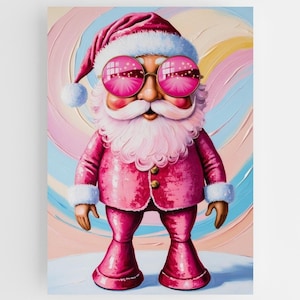 Whimsical Retro Santa Oil Painting - Groovy Pink Christmas Art - Vintage Hippie Holiday Decor - Funny Christmas Wall Art - Pink Holiday Art