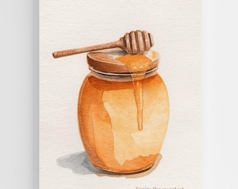 Watercolor Honey Jar Print with Honey Dipper – ‘You’re the Sweetest’ Kitchen Wall Art, Rustic Cottagecore Decor, Cute Gift for Bee Lovers