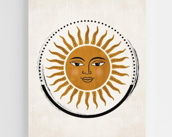 Boho Sun Face Print • Unique Wall Art • Celestial Sun Illustration • Warm Neutral Decor • Modern Boho Sunburst Art