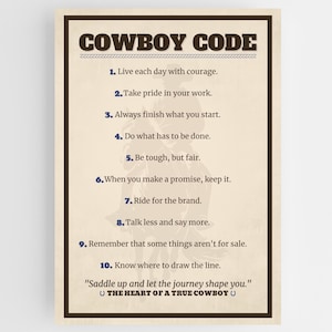 Wydruk z kowbojskim kodem, rustykalna sztuka ścienna w stylu western, plakat z kowbojską mądrością w stylu vintage, wystrój domu w stylu rustykalnym, pobieranie cyfrowe, prezent dla taty, sztuka męska