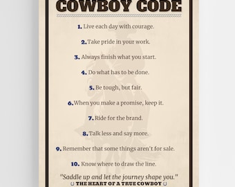Cowboy Code Print, Rustic Western Wall Art, Vintage Cowboy Wisdom Poster, Farmhouse Decor, Digital Download, Gift for Dad, Masculine Art