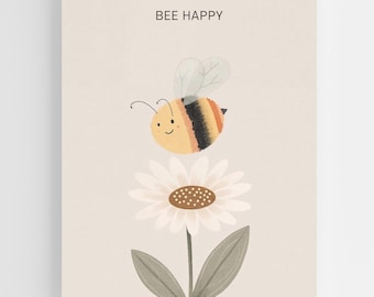Bee Happy Wall Art, Cute Bumble Bee Print, Scandinavian Nursery Decor, Spring Flower Illustration, Kids Room Art, Teacher Gift, Cottagecore
