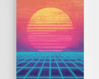 80s Vaporwave Sunset Art Print • Airbrush Glow Retro Landscape • Neon Grid Synthwave Wall Decor • Retro Futuristic Digital Download