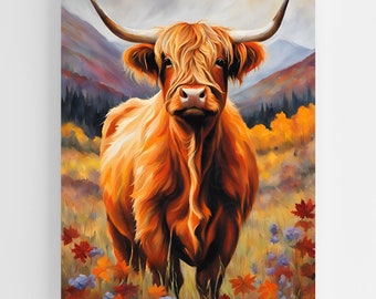 Highland Cow Printable Painting | Fall Wildflowers & Mountain Landscape Art | Rustic Farmhouse Decor | Autumn Wall Art | Instant Download