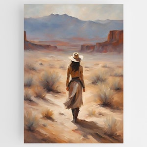 Vintage Rustic Cowgirl Painting - Western Desert Landscape Art, Southwestern Wall Decor, Country Home Gift, Cowboy Western Art Print