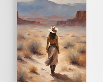 Pintura de cowgirl rústica vintage - arte de paisagem do deserto ocidental, decoração de parede do sudoeste, presente para casa de campo, impressão de arte ocidental de cowboy