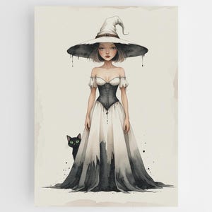 Arte mural minimalista bohemio de bruja: impresión en acuarela pintada a mano con sombrero goteando y gato negro. Descarga digital para decoración moderna.