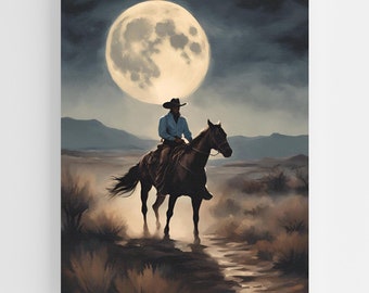 Moonlit Cowboy Painting | Digital Download | Western Art | Night Sky | Cowboy Decor | Rustic Wall Art | Instant Download | Printable Artwork