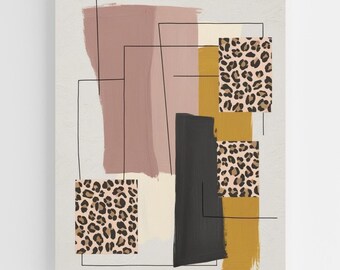 Leopard Print Abstract Art | Trendy Wall Decor | Dusty Rose, Mustard & Charcoal Collage | Printable Boho Home Decor | Modern Art Print