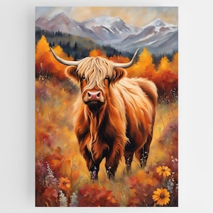 Highland Cow Printable Painting | Fall Wildflowers & Mountain Landscape Art | Rustic Farmhouse Decor | Autumn Wall Art | Instant Download