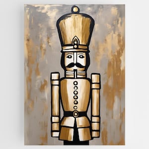 Nutcracker Wall Art – Metallic Gold Beige Black Painting, Minimalist Canvas Decor, Holiday Charm, Festive Home Decor, Whimsical Art Print
