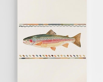 Whimsical Trout Wall Art Print, Rustic Watercolor Fish Illustration for Cabin, Lake House, Lodge Decor, Fishing Gift, Cozy Woodland Style
