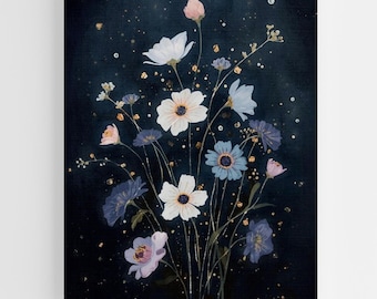 Moonlit Wildflower Art Print Dark Academia Floral Wall Decor Cottagecore Goblincore Botanical Painting Moody Scandinavian Fine Art