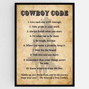 Vintage Cowboy Code Poster - Western Dekor, Rustikale Wandkunst, Landhaus, Landhausstil, Cowboy Wisdom, Geschenk für Ihn, Western Wandkunst