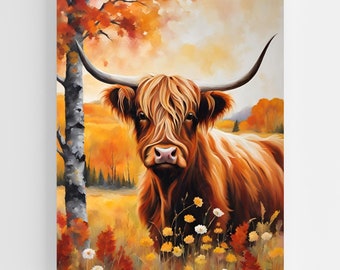 Highland Cow in Autumn with Fall Wildflowers & Birch Tree Wall Art | Farmhouse Wall Art | Fall Decor | Printable Art | Rustic Home Decor