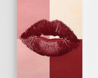 Burgundy Kiss Print Wall Art • Textured Lip Print Poster • Pink Color Block Decor • Glam Bedroom Art • Feminine Aesthetic Home Decor
