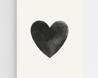 Black Watercolor Heart Print • Minimalist Wall Art • Modern Neutral Decor • Valentine’s Wall Art • Digital Download • Black Wall Art