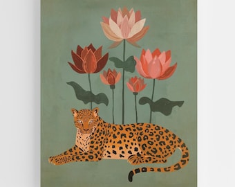 Leopard Wall Art with Lotus Flowers • Boho Jungle Decor • Warm Earthy Print • Folk Art Animal Illustration • Vintage Botanical Poster