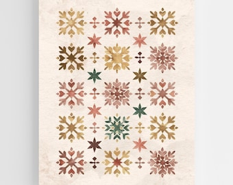 Scandinavian Snowflake Grid Art Print – Nordic Folk Christmas Wall Decor, Hygge Gouache Watercolor