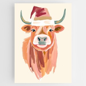 Warm Earth Toned Minimalistic Highland Cow Art with Santa Hat | Rustic Boho Wall Decor | Christmas Farmhouse Home Accent | Cozy Christmas
