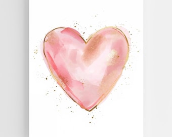 Art coeur Saint-Valentin imprimable - coeur aquarelle rose tendre et or, décoration murale romantique, téléchargement numérique, impression amour minimaliste
