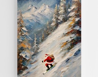 Vintage Ölgemälde: Nikolaus beim Snowboarden auf Berg | Urlaub Dekor | Weihnachtskunst | Winterwunderland | Einzigartiges festliches Geschenk | Baumwollgarn