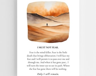 Frank Herbert Quote, I Must Not Fear, Fear Is The Mind-Killer, Sci-Fi Quote About Fear, Sci-Fi Art, Motivational Decor, Litany Against Fear