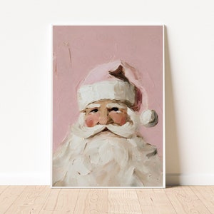 Santa Claus Wall Art Painting, Father Christmas Artwork, Shabby Chic Pink Vintage Style Christmas Santa Wall Art, Digital, Christmas Decor