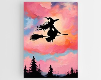 Witch on a Broomstick Art Print | Digital Download | Halloween Wall Art | Cotton Candy Sky | Witch Decor | Spooky Cute Artwork  | Pastel
