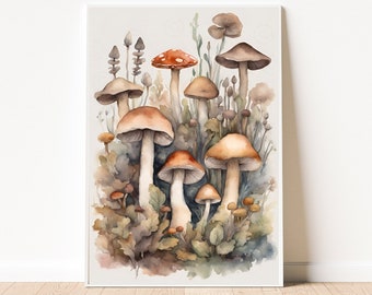Arte murale a forma di fungo, decorazione a forma di fungo, acquerello a forma di fungo, arte murale botanica, arte a forma di fungo, arte ispirata alla natura, stampa a forma di fungo boho, arte rustica