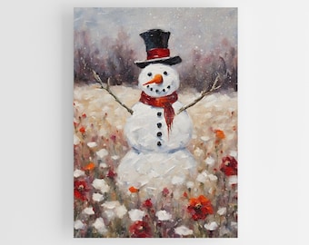 雪だるまウォールアート、クリスマスウォールアート、雪だるまアートプリント、ヴィンテージ雪だるま、ヴィンテージクリスマスアート、雪だるまプリント、雪だるまデコレーション、フローラルアート