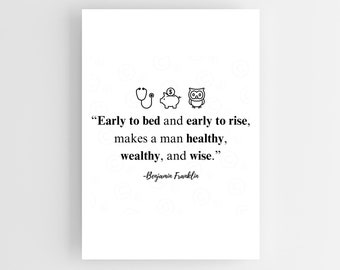 Minimalist Black & White Benjamin Franklin Quote Printable Art | Early to Bed Early to Rise | Inspirational Wall Decor | Digital Download