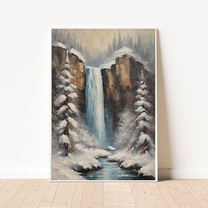 Waterfall Wall Art, Waterfall Canvas Wall Art Nature Print, Waterfall Painting, Waterfall Decor, Waterfall Printable, Winter Scene Wall Art