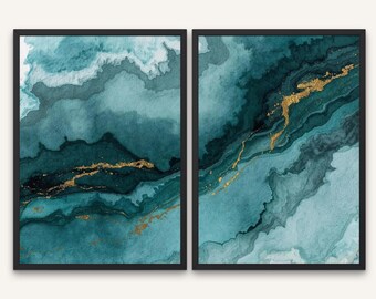 Blue Teal Navy Gold Abstract Bathroom Wall Art, Mineral Watercolor Texture Print, Modern Spa Decor, Luxury Digital Download