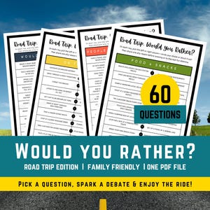 60 Road Trip Würdest du Eher Dilemmas | Familie Auto Spiel druckbare & digitaler Download | Schnellfeuer-Finalespaß