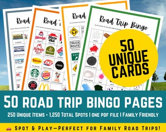 Road Trip Bingo Printable Game – 50 Unique Cards (10 Themed Sets, 5 Variations) – Family & Kids Travel Car Activity – Instant PDF Download
