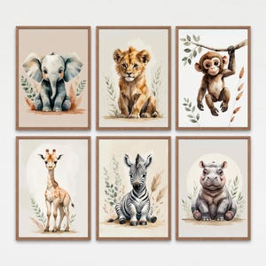 Boho Safari Animal Nursery Prints, Baby Jungle Wall Art Set of 6, Printable Elephant Giraffe Lion Zebra Monkey Hippo Decor, Neutral Nursery