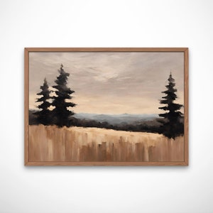 May include: A framed painting of a landscape with two dark green trees in the foreground and a hazy mountain range in the background. The sky is a light blue with hints of pink and orange.
