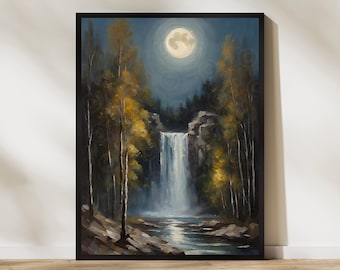 Waterfall Wall Art, Waterfall Canvas Wall Art Nature Print, Waterfall Painting, Waterfall Decor, Waterfall Printable, Waterfall Night Moon