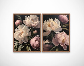 Stämningsfull väggkonst, stämningsfull blommig väggkonst, stämningsfullt vintageblomtryck, mörk blommig stilleben oljemålning, utskrivbar digital antik konst, pion