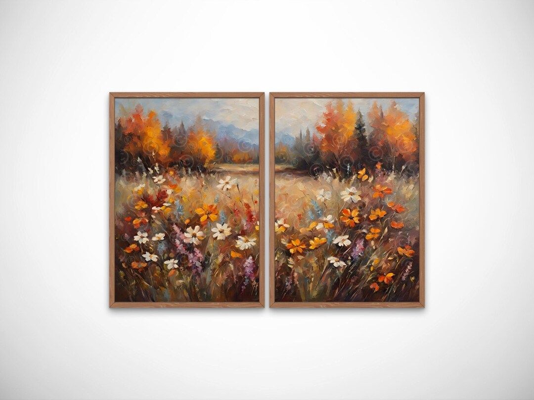 Wildflower Field Set of 2 Prints, Fall Wildflower Wall Art, Country 2 ...