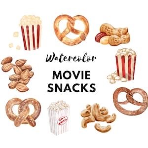 Snack Clipart, Snack Clip Art, Watercolor Clipart, Watercolor Snacks Clipart Set, Movie Night Clip Art, Pretzel, Popcorn, Nuts, Snack PNG