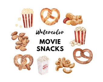 Snack Clipart, Snack Clip Art, Watercolor Clipart, Watercolor Snacks Clipart Set, Movie Night Clip Art, Pretzel, Popcorn, Nuts, Snack PNG