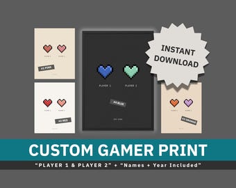 Player 1 Player 2 Custom Print • Pixel Heart Couple Art • Personalized Gamer Gift • Retro Gaming Wall Decor • Anniversary Print