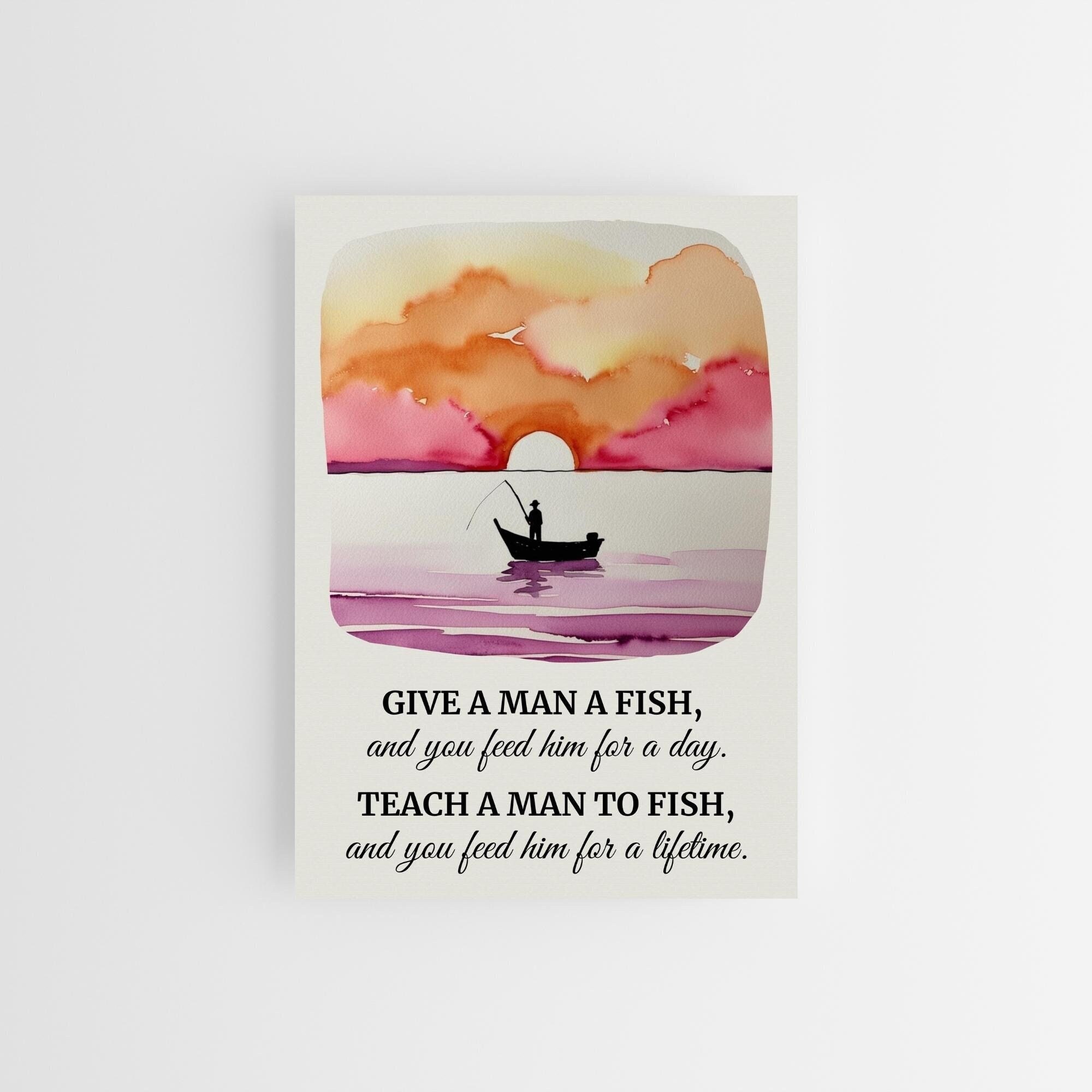 Minimalist Watercolor Art: Fishing Boat Sunset, "Teach a Man to Fish" Quote, Tranquil & Serene Decor, Gift for Fishermen
