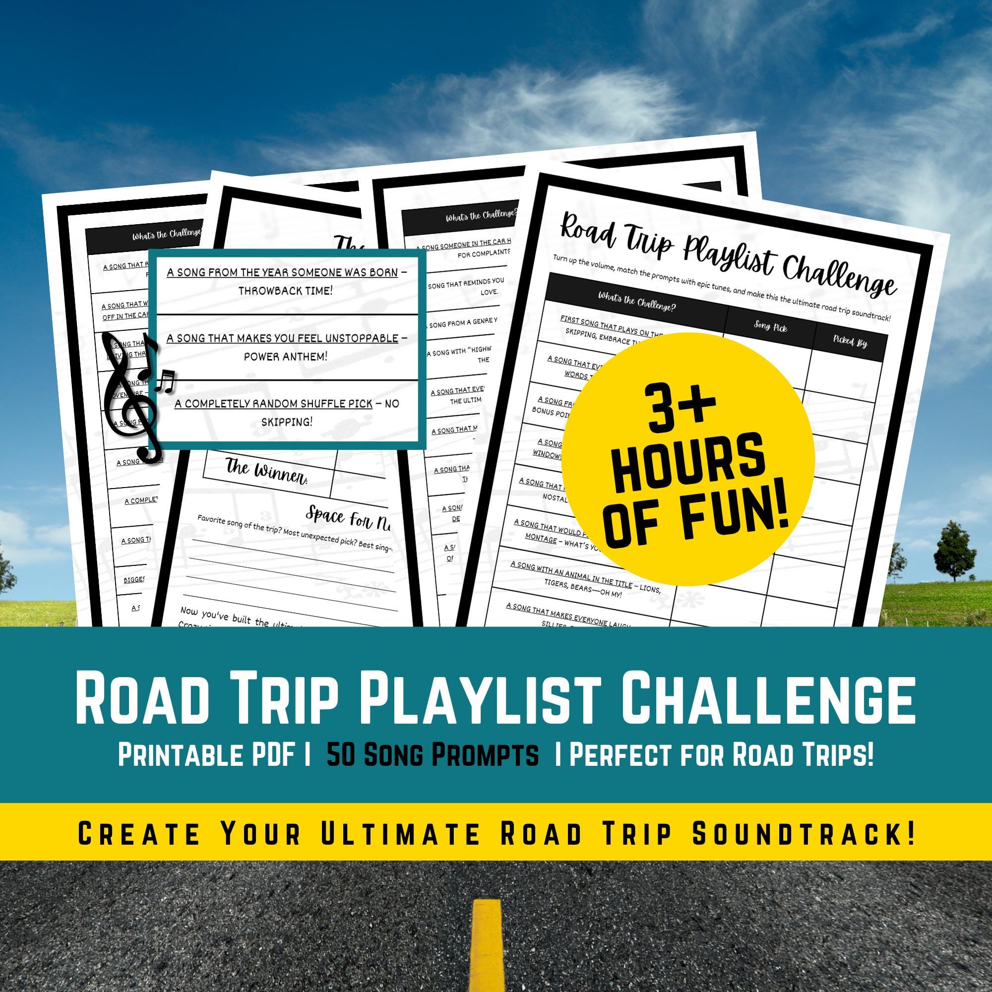 Road Trip Playlist Challenge Game - 50 Song Prompts - Family Travel Activity - Printable PDF - Fun Car Ride Game - Music Road Trip Game