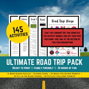 May include: A colorful road trip activity pack with the text "145 ACTIVITIES" in a yellow circle. Includes word searches, bingo cards, would-you-rather prompts, fill-in-the-blank stories, and playlist challenges. Ready to print and family-friendly.