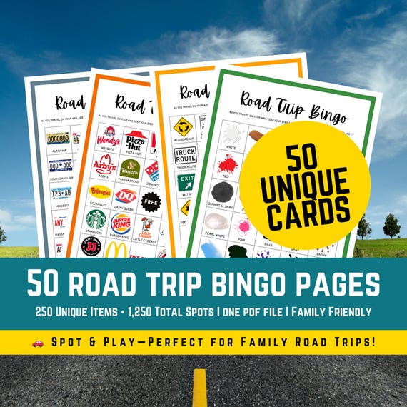 Road Trip Bingo Printable Game – 50 Unique Cards (10 Themed Sets, 5 Variations) – Family & Kids Travel Car Activity – Instant PDF Download