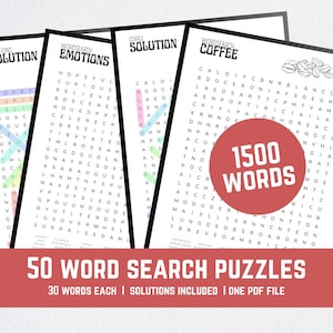 50 Printable Word Search Puzzles with Solutions | Large Font PDF | Fun Brain Games for Adults & Teens | Instant Download | 1500 Total Words